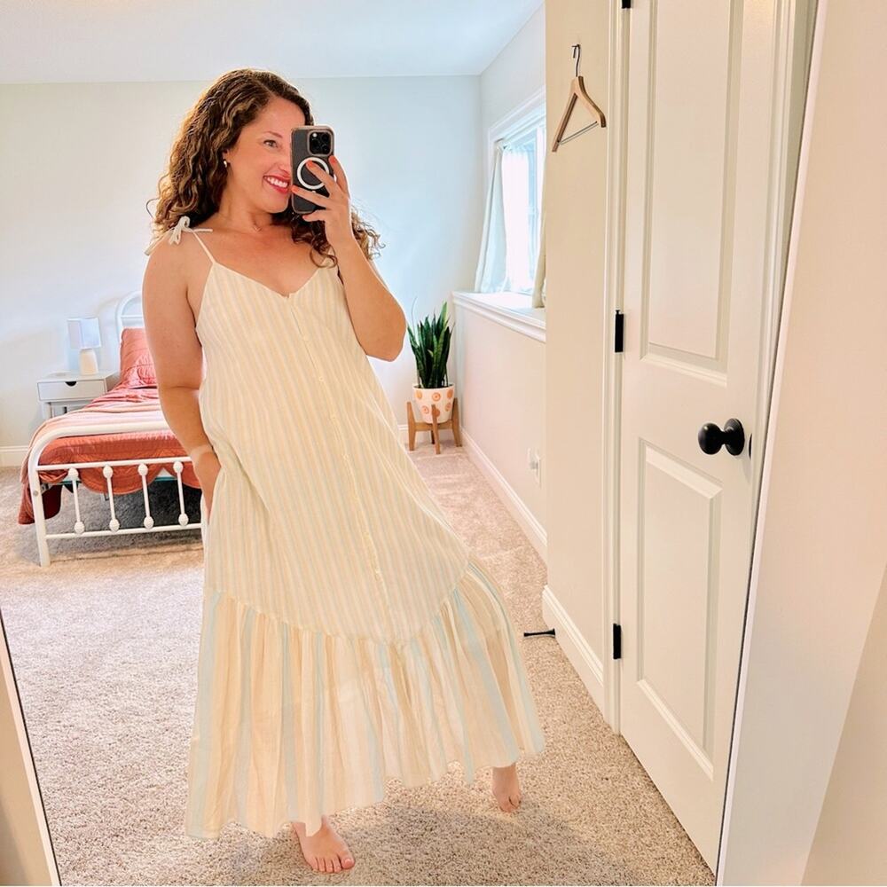 Tuckernuck Mii Collection White Blue Tan Striped Cotton Maxi Dress Small